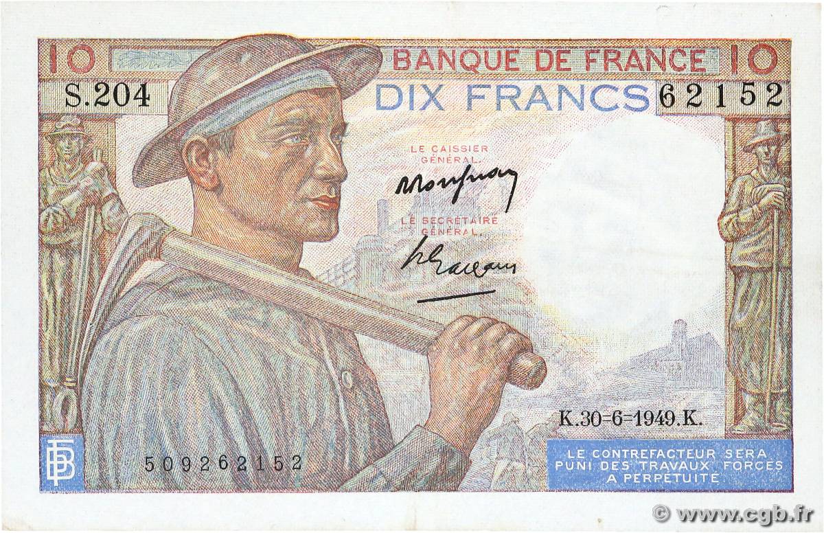 10 Francs MINEUR FRANCE  1949 F.08.22 XF