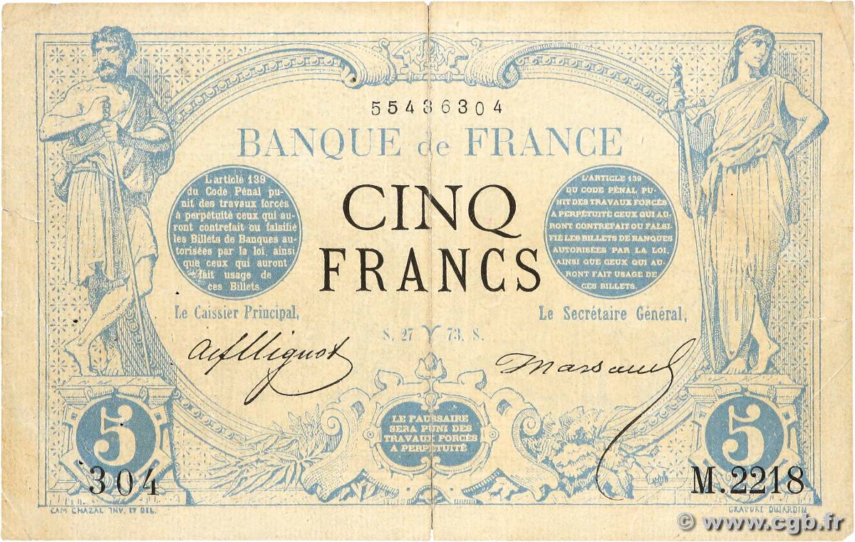 5 Francs NOIR FRANCE  1873 F.01.16 VG