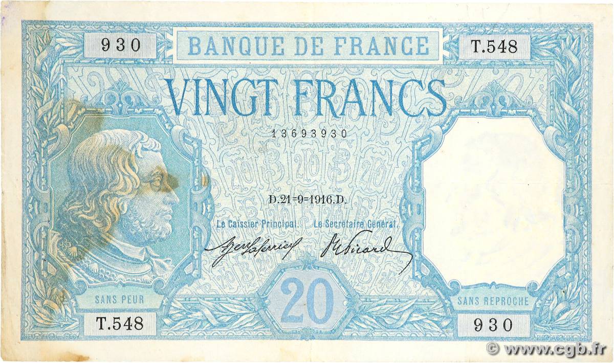 20 Francs BAYARD FRANCE  1916 F.11.01 TTB