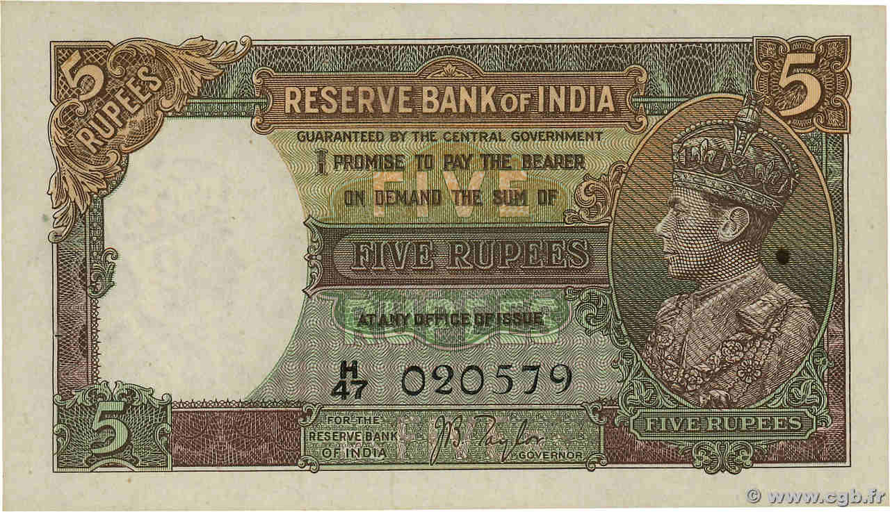 5 Rupees INDIA  1937 P.018a AU