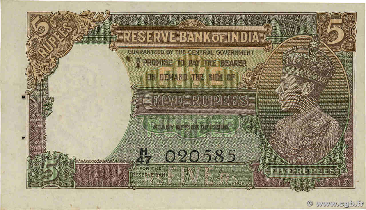 5 Rupees INDIA  1937 P.018a AU