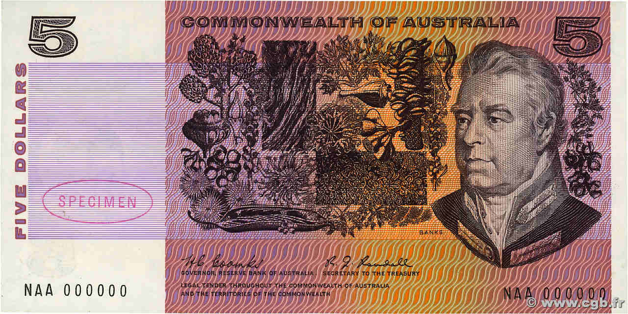 5 Dollars Spécimen AUSTRALIA  1969 P.39s1 EBC+