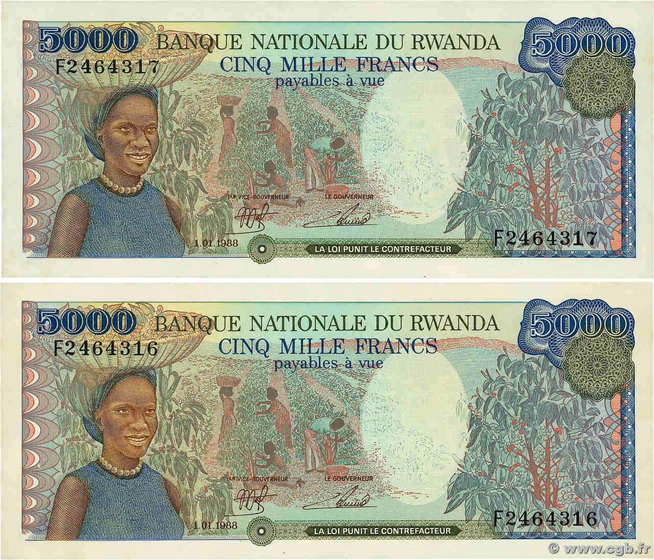 5000 Francs Consécutifs RWANDA  1988 P.22a UNC