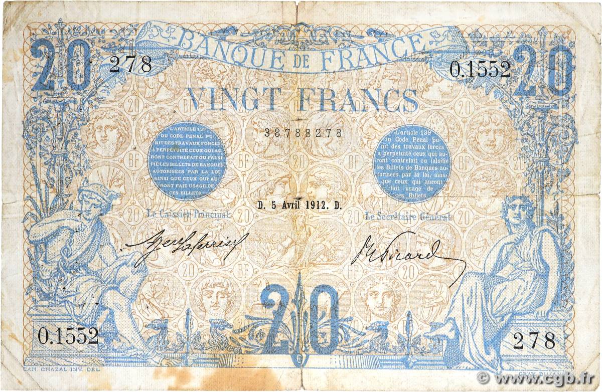 20 Francs BLEU FRANCE  1912 F.10.02 F