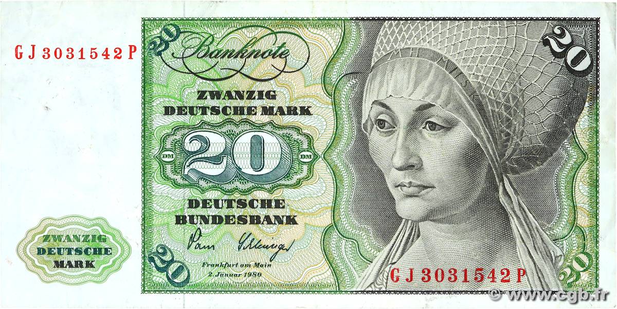 20 Deutsche Mark GERMAN FEDERAL REPUBLIC  1980 P.32d MBC