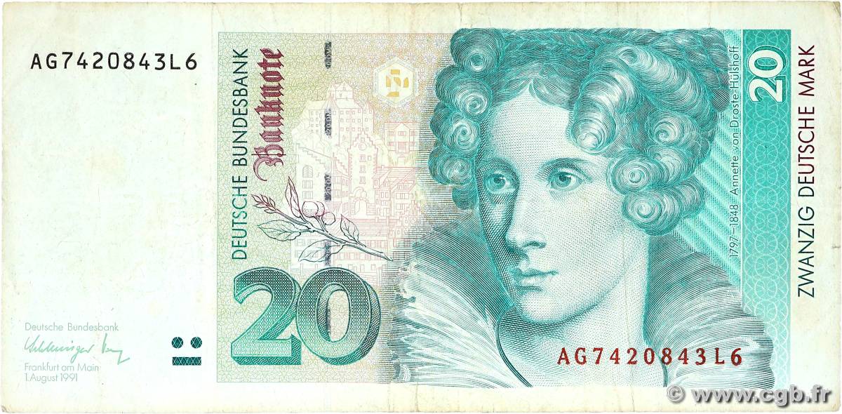20 Deutsche Mark GERMAN FEDERAL REPUBLIC  1991 P.39a BC