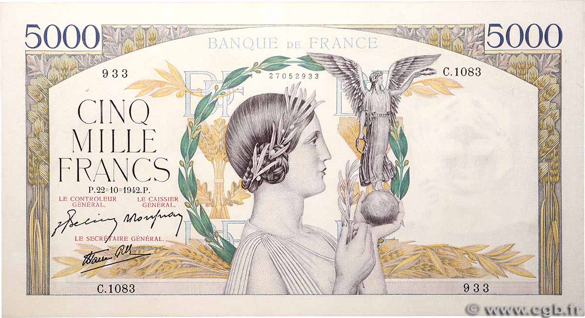 5000 Francs VICTOIRE Impression à plat FRANCIA  1942 F.46.43 BB