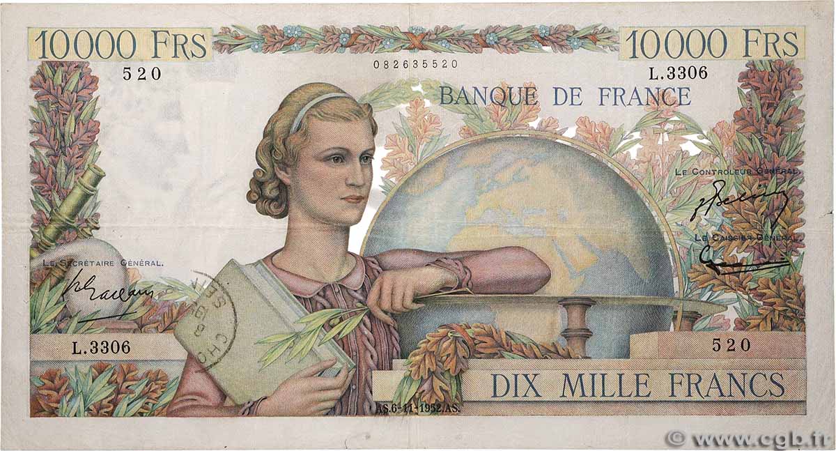 10000 Francs GÉNIE FRANÇAIS FRANCIA  1952 F.50.61 MB
