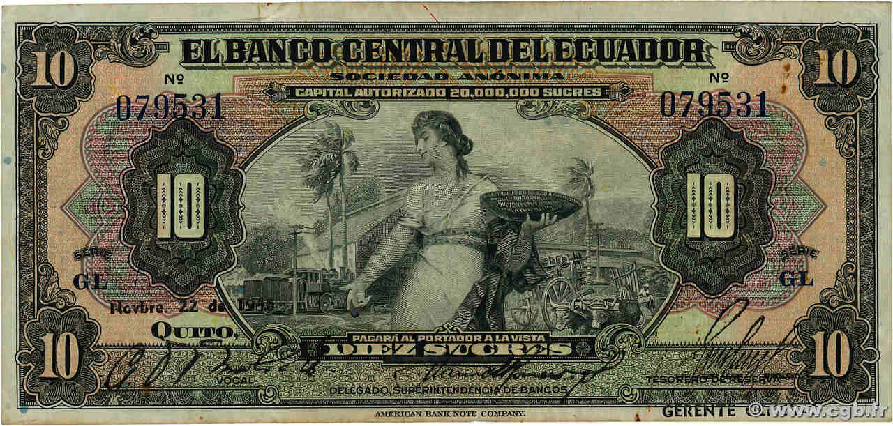 10 Sucres ECUADOR  1948 P.092d F+