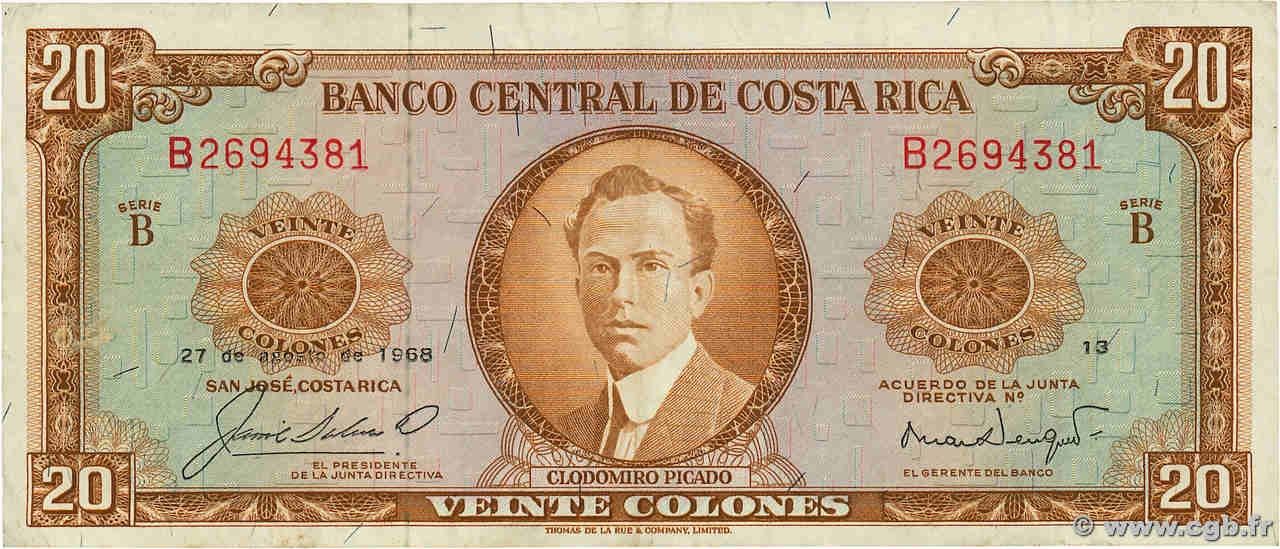 20 Colones COSTA RICA  1968 P.231a VF-
