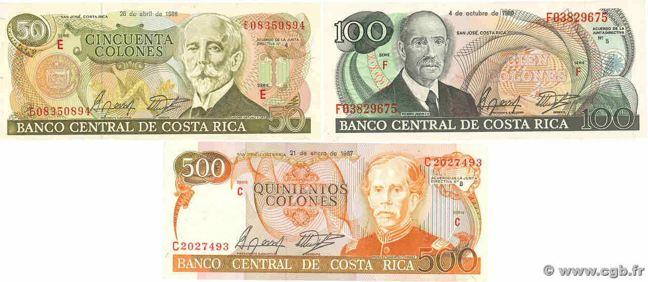 50, 100 et 500 Colones Lot COSTA RICA  1987 P.253, P.254a et P.255 VZ+