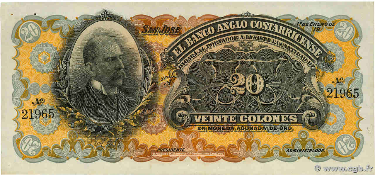 20 Colones Spécimen COSTA RICA  1909 PS.124s3 SC