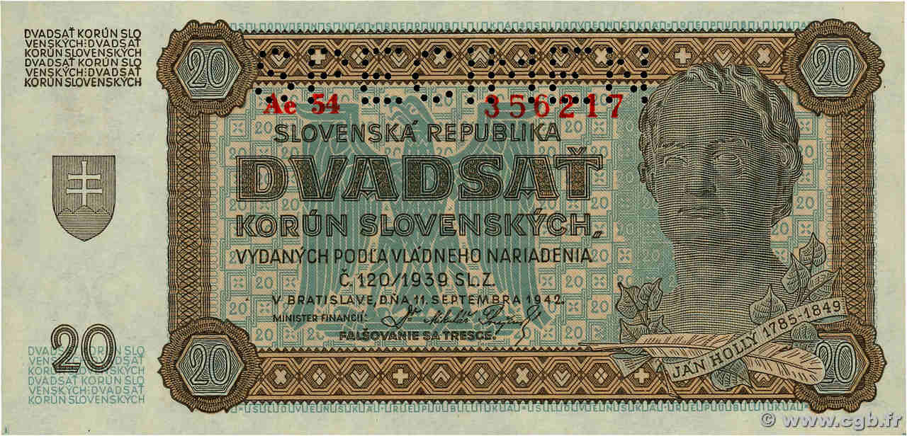 20 Korun Spécimen SLOVAQUIE  1942 P.07s SPL