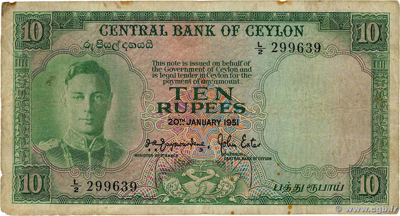 10 Rupees CEYLON  1951 P.048 fS