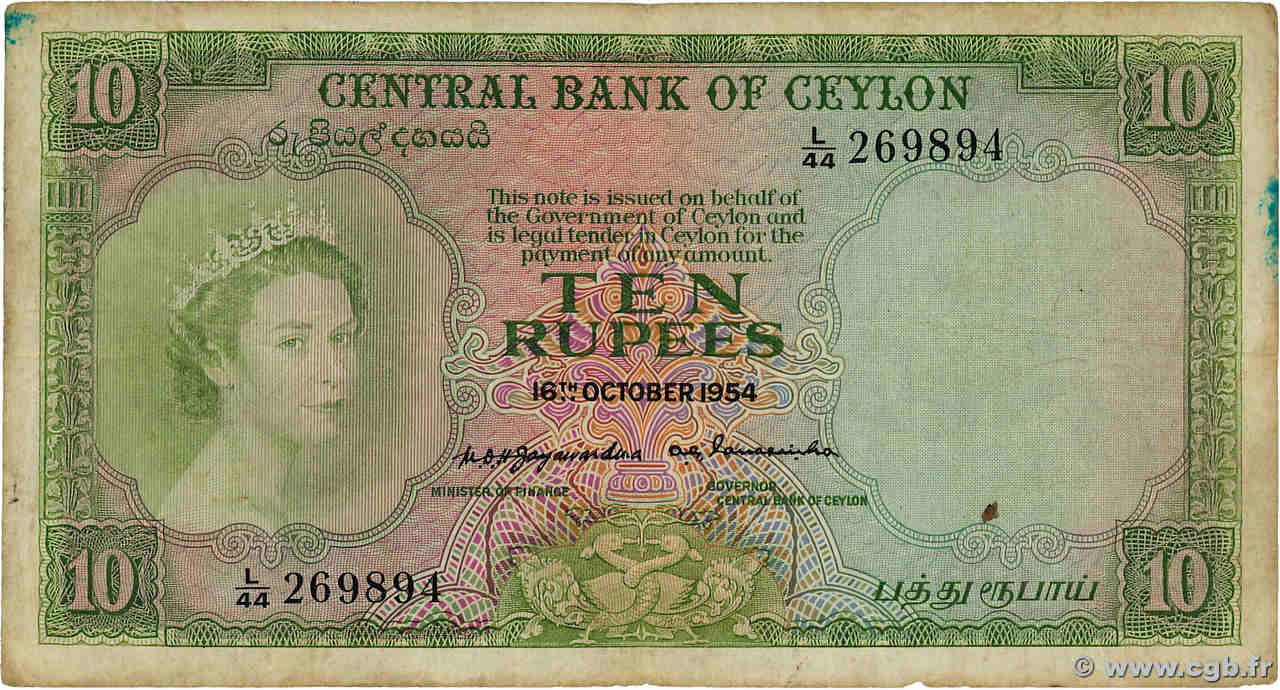 10 Rupees CEYLON  1954 P.055 fS