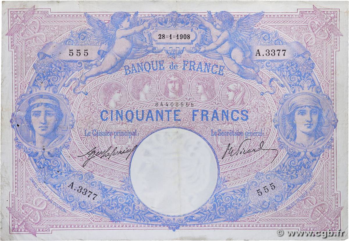 50 Francs BLEU ET ROSE FRANCE  1908 F.14.21 F