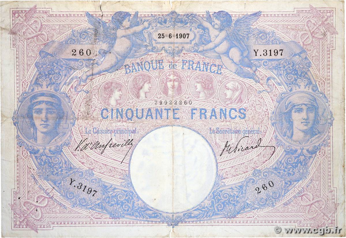 50 Francs BLEU ET ROSE FRANCIA  1907 F.14.20 RC+