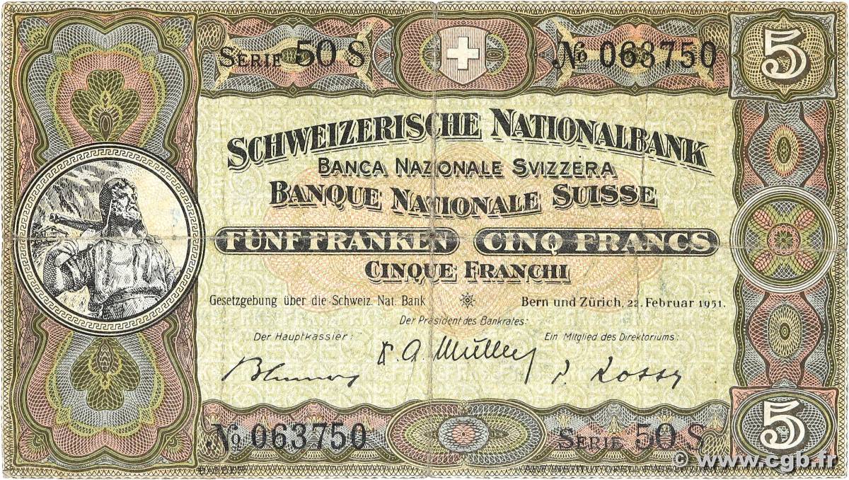 5 Francs SUISSE  1951 P.11o TB