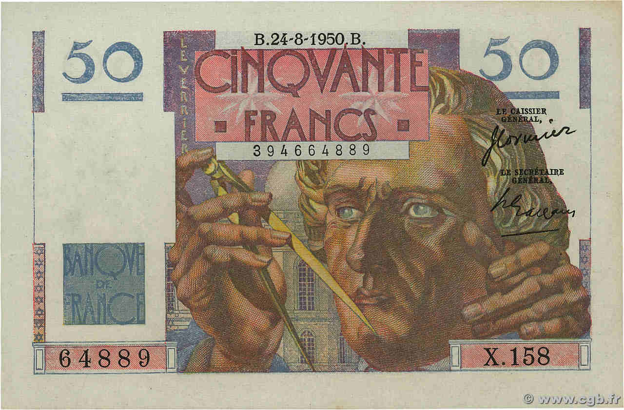 50 Francs LE VERRIER FRANCE  1950 F.20.16 AU+