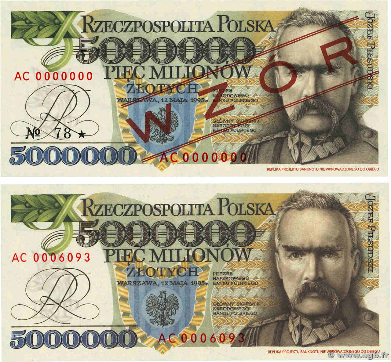 5000000 Zlotych - Reproduction Lot POLOGNE  1995 P.- NEUF