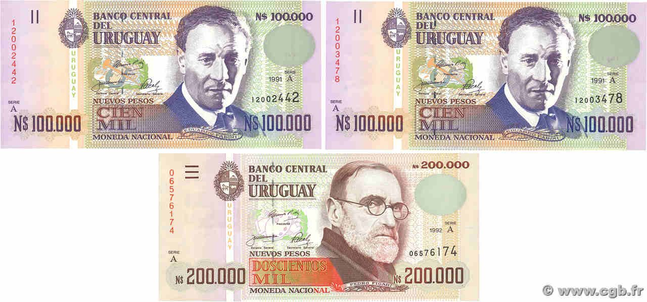 100000 et 200000 Nuevos Pesos Lot URUGUAY  1991 P.071a et P.072a UNC