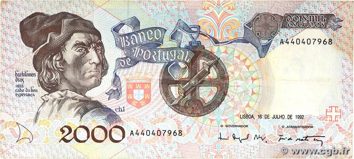 2000 Escudos PORTUGAL  1992 P.186c F+