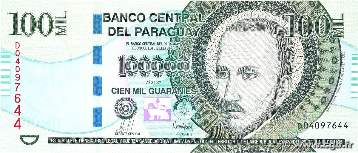 100000 Guaranies PARAGUAY  2007 P.233a UNC