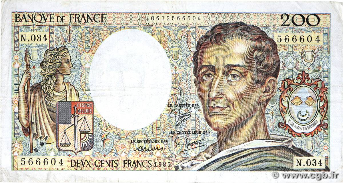 200 Francs MONTESQUIEU FRANCIA  1985 F.70.05 BC