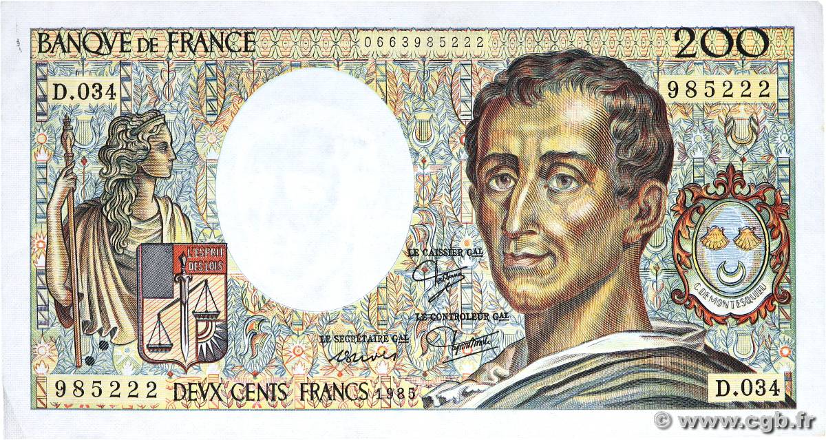 200 Francs MONTESQUIEU FRANCE  1985 F.70.05 TTB+