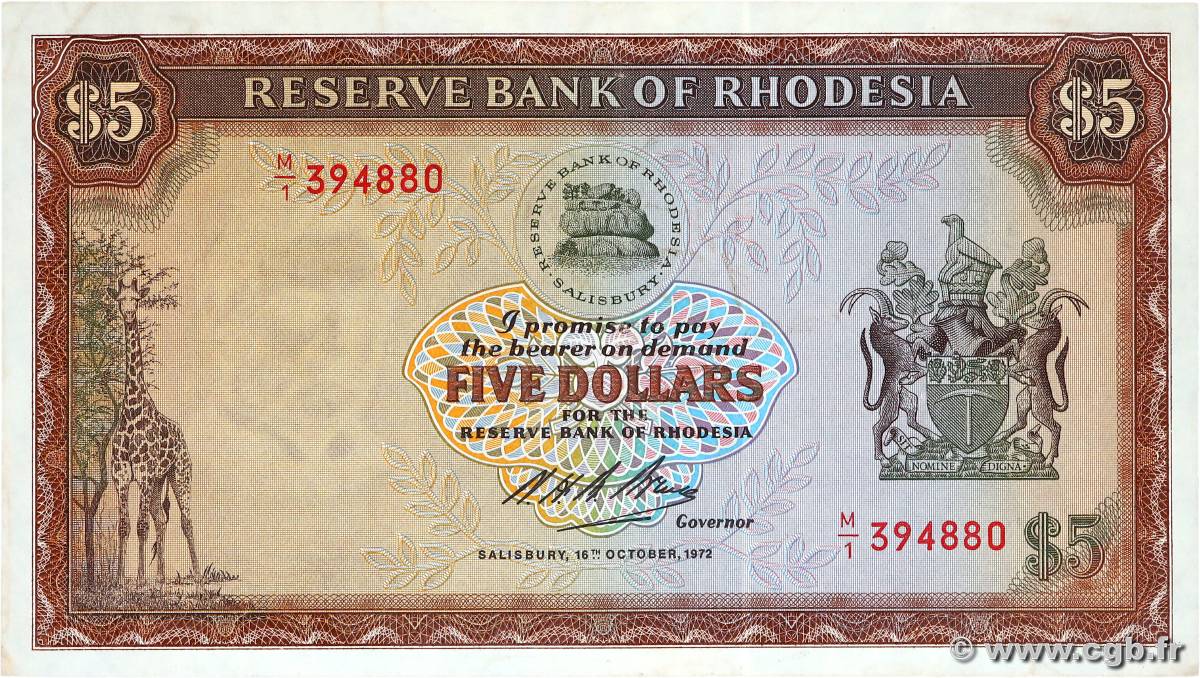 5 Dollars RHODESIA  1972 P.32a XF