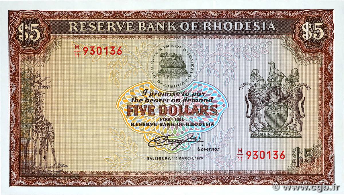 5 Dollars RHODESIA  1976 P.36a AU+
