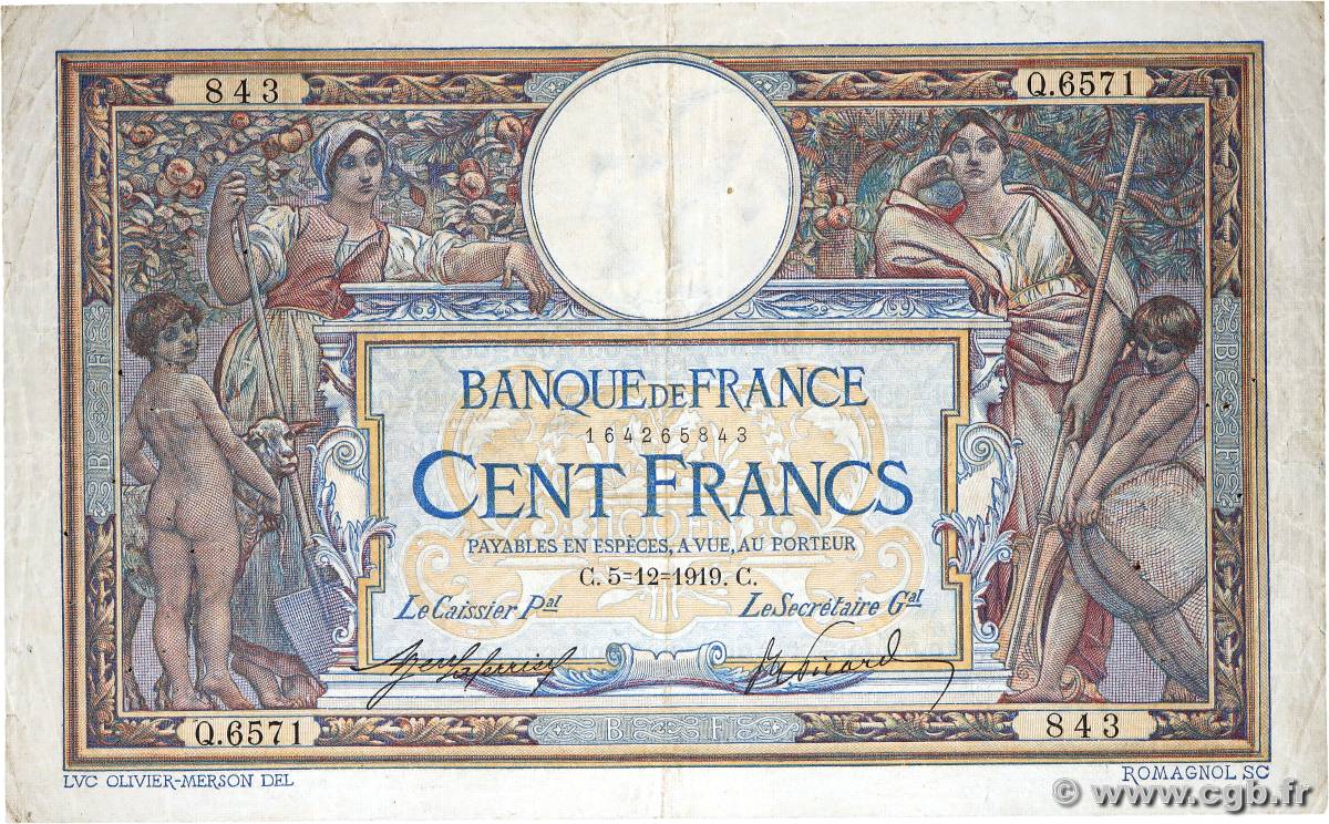 100 Francs LUC OLIVIER MERSON sans LOM FRANCE  1919 F.23.11 B+