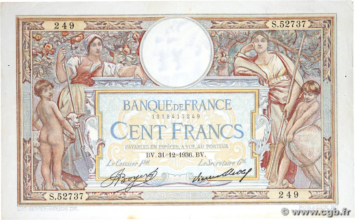 100 Francs LUC OLIVIER MERSON grands cartouches FRANCE  1936 F.24.15 TTB