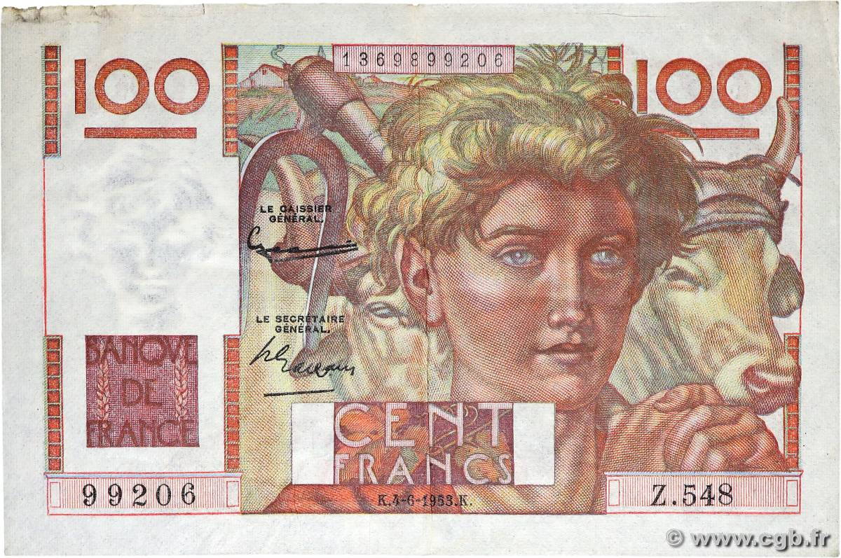 100 Francs JEUNE PAYSAN FRANKREICH  1953 F.28.37 SS