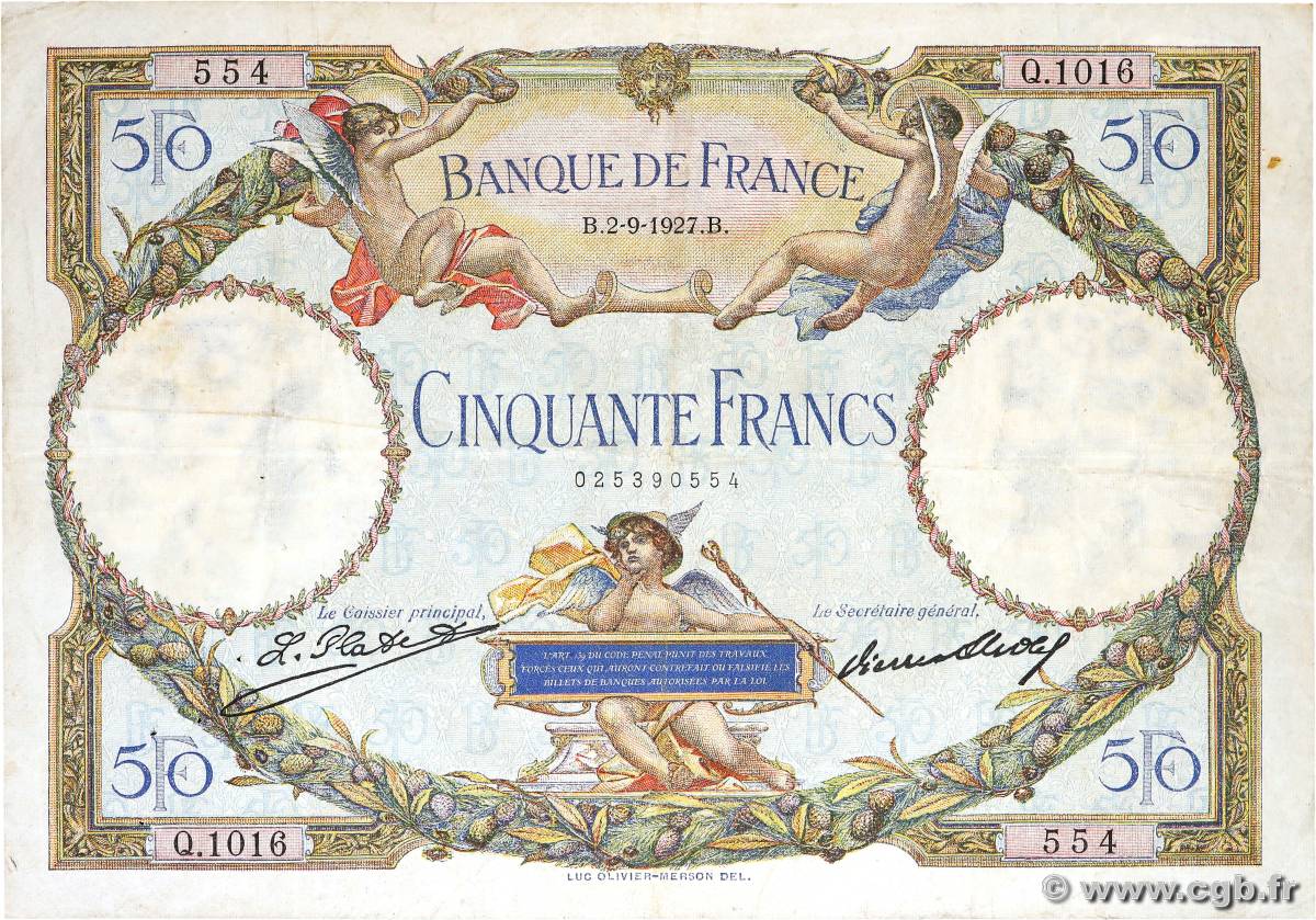 50 Francs LUC OLIVIER MERSON FRANCE  1927 F.15.01 F+