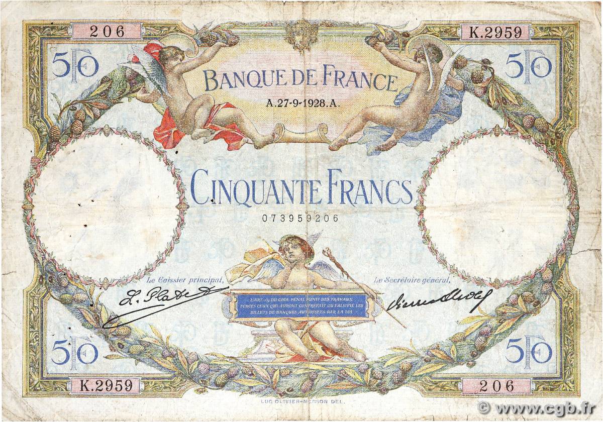 50 Francs LUC OLIVIER MERSON FRANCE  1928 F.15.02 B+
