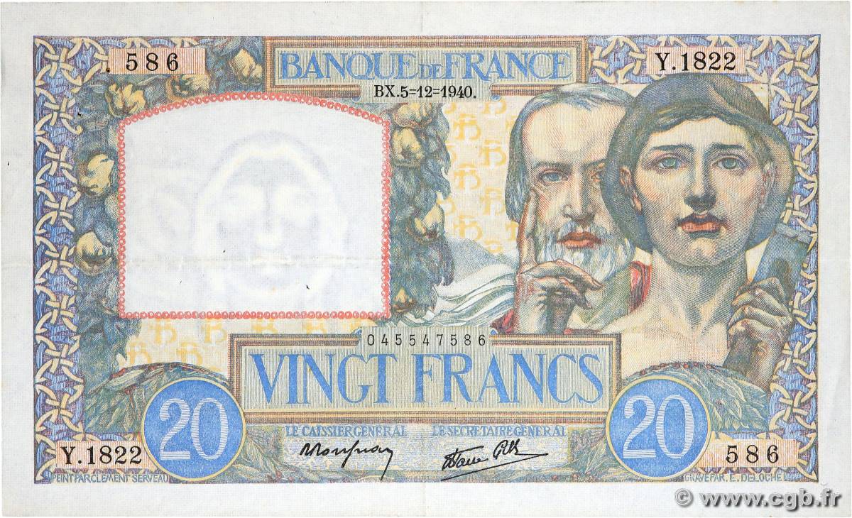 20 Francs TRAVAIL ET SCIENCE FRANCE  1940 F.12.10 XF-