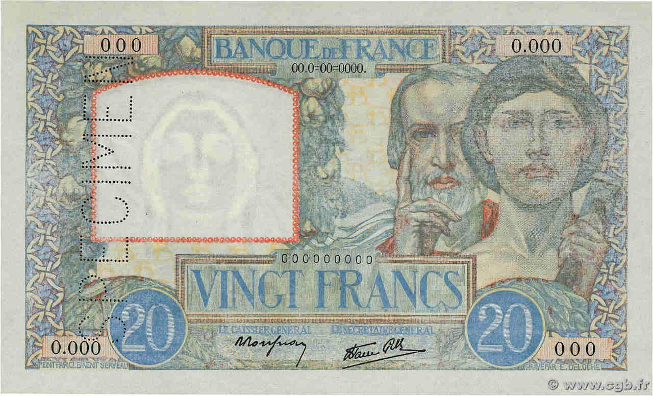 20 Francs TRAVAIL ET SCIENCE Spécimen FRANCIA  1939 F.12.01Sp FDC