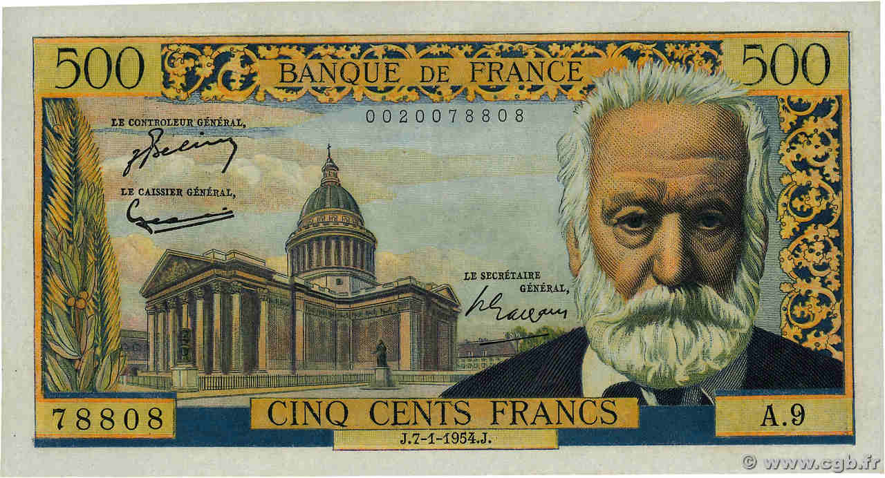 500 Francs VICTOR HUGO FRANCE  1954 F.35.01 UNC