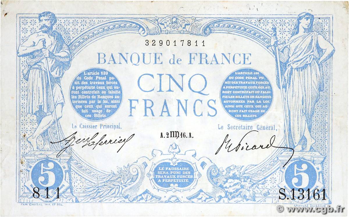 5 Francs BLEU FRANCE  1916 F.02.44 VF