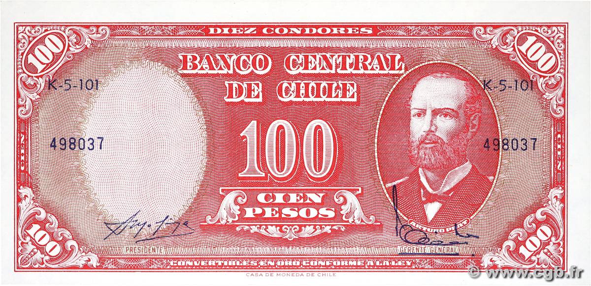 10 Centesimos sur 100 Pesos CHILE  1960 P.127a XF+