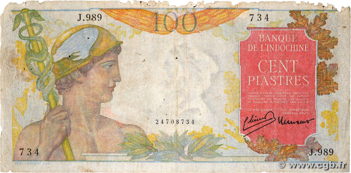 100 Piastres FRENCH INDOCHINA  1947 P.082a P