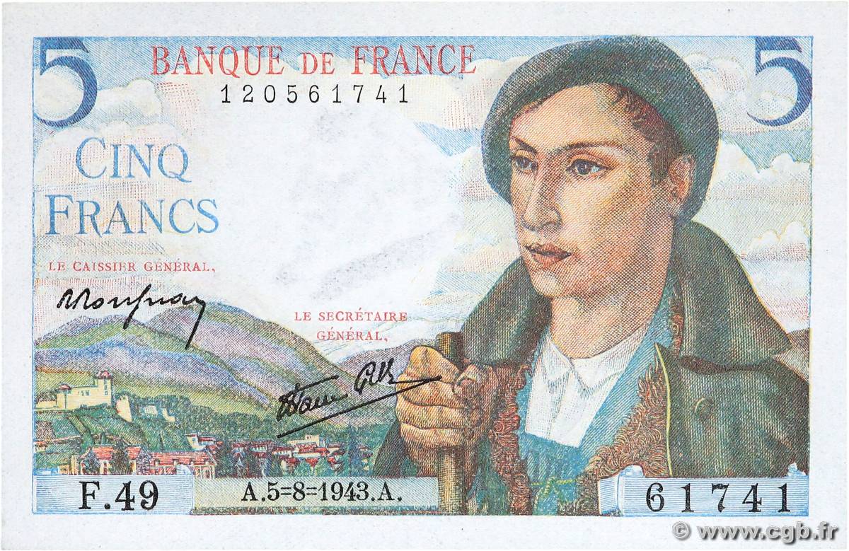 5 Francs BERGER FRANCE  1943 F.05.03 AU+