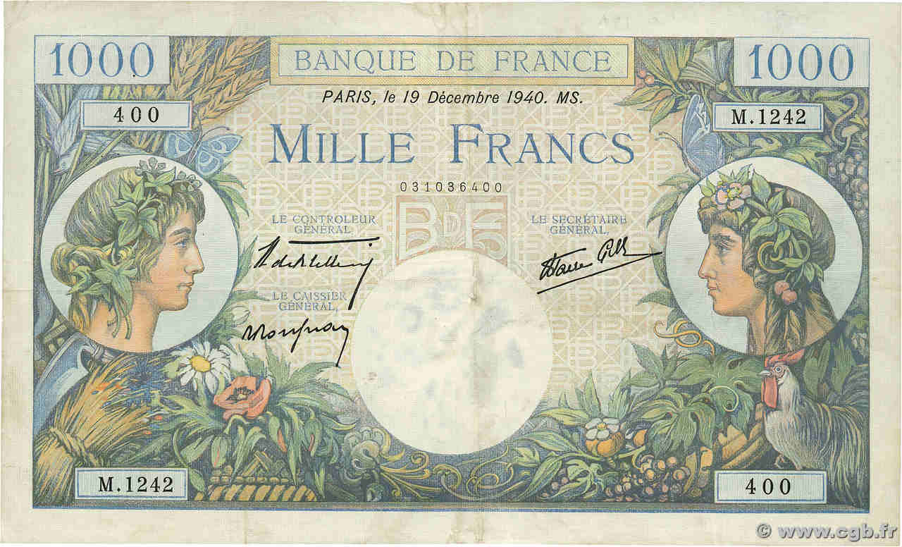 1000 Francs COMMERCE ET INDUSTRIE FRANCIA  1940 F.39.03 MBC