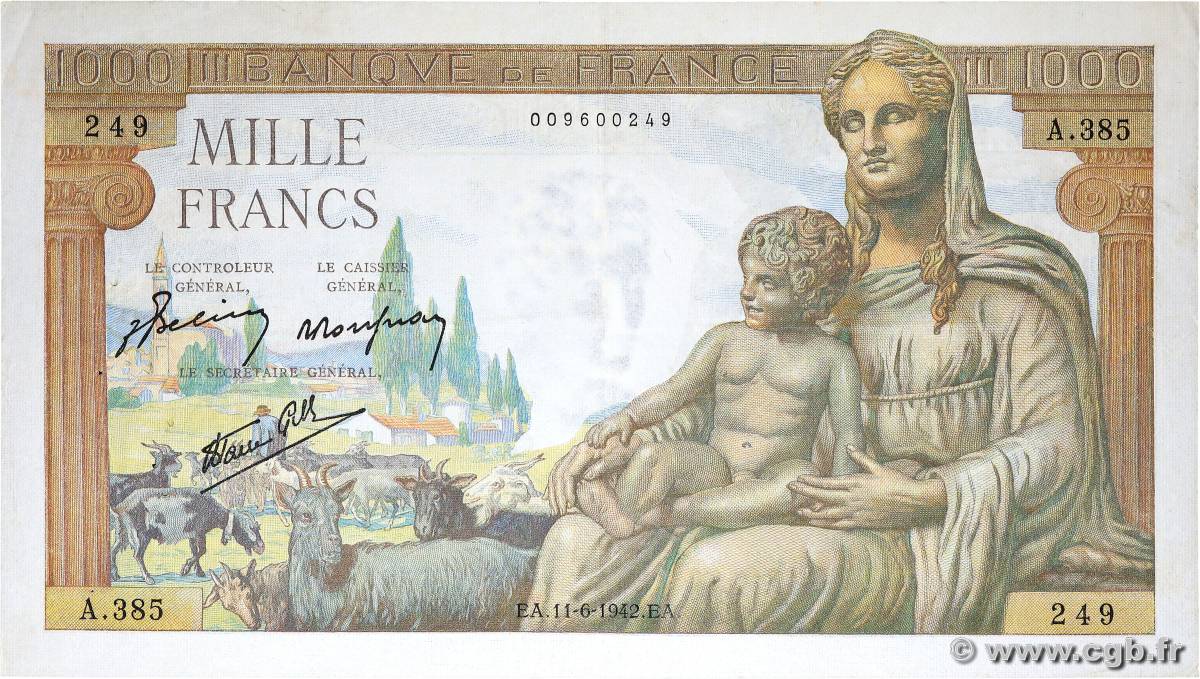 1000 Francs DÉESSE DÉMÉTER FRANKREICH  1942 F.40.02 SS