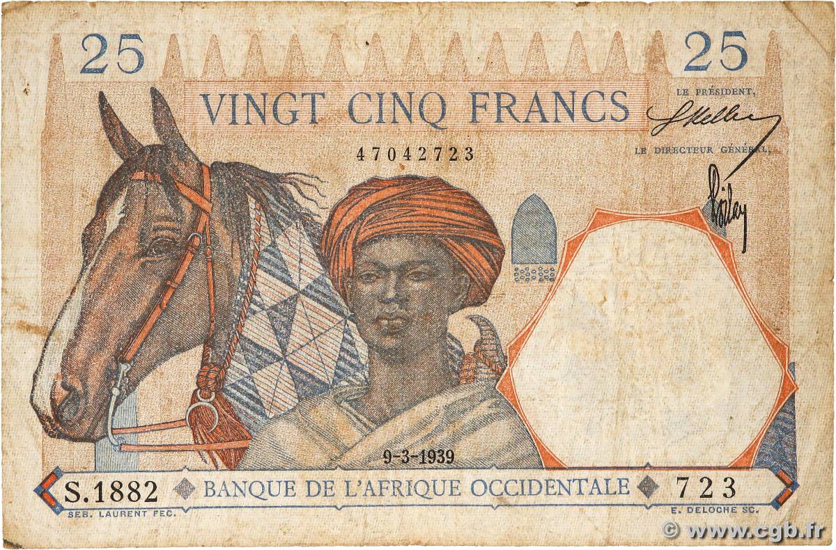 25 Francs FRENCH WEST AFRICA (1895-1958)  1939 P.22 VG