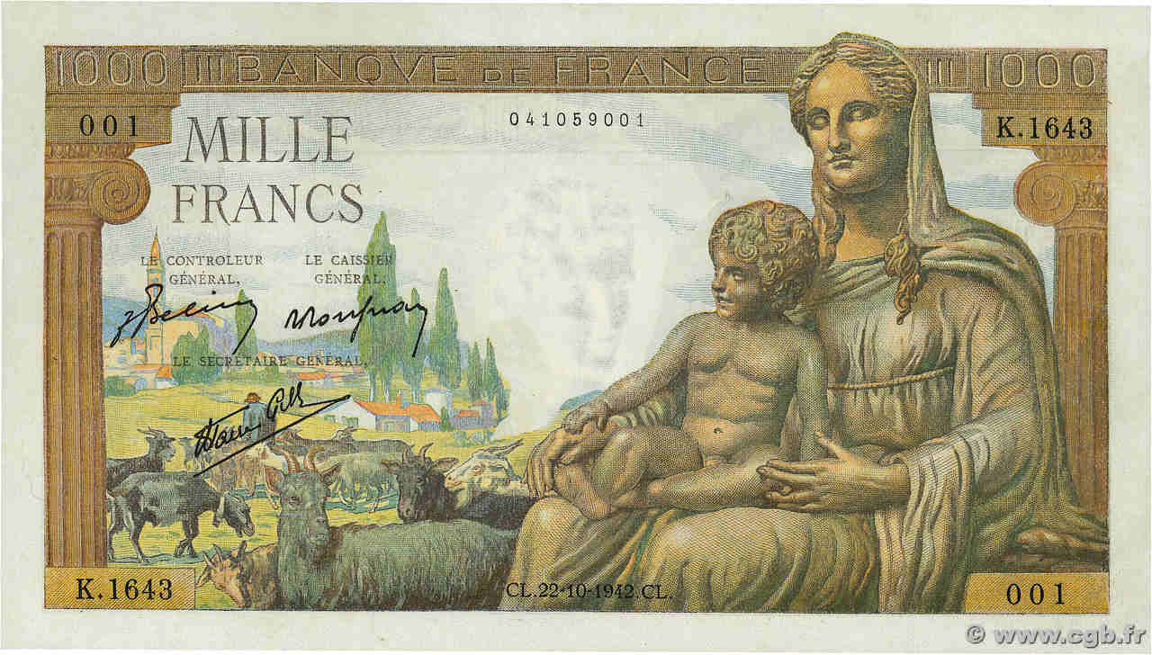 1000 Francs DÉESSE DÉMÉTER FRANCE  1942 F.40.09 SUP+