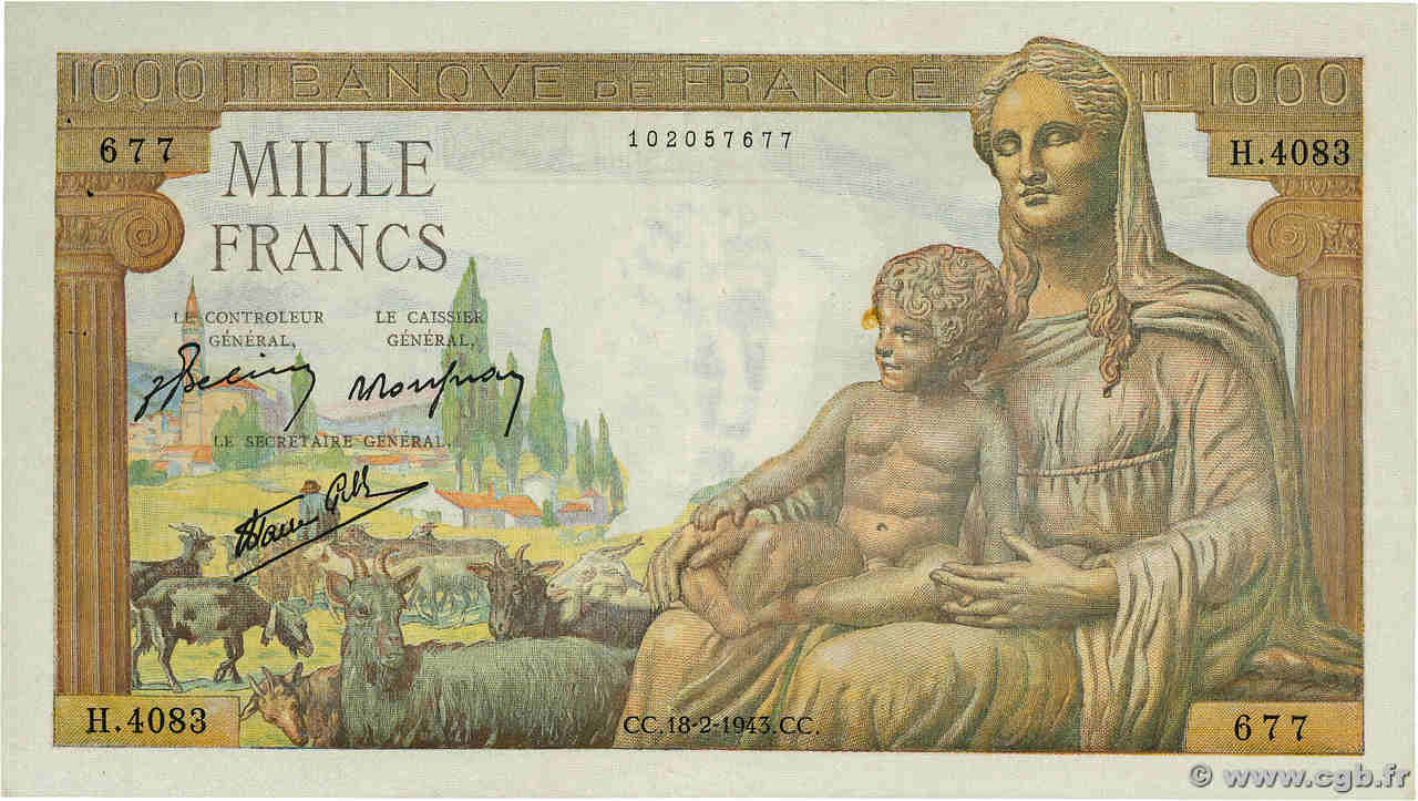 1000 Francs DÉESSE DÉMÉTER FRANCE  1943 F.40.19 TTB+