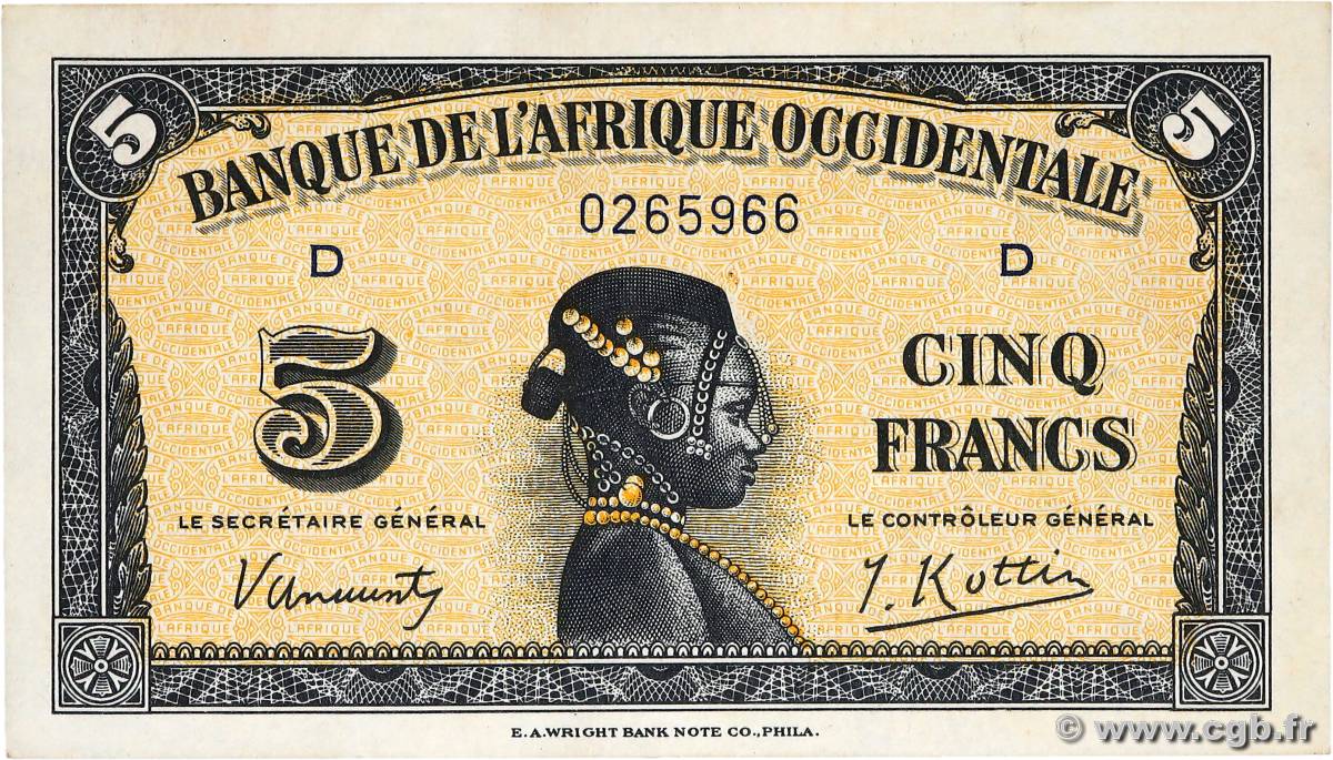 5 Francs  FRENCH WEST AFRICA (1895-1958)  1942 P.28a UNC-