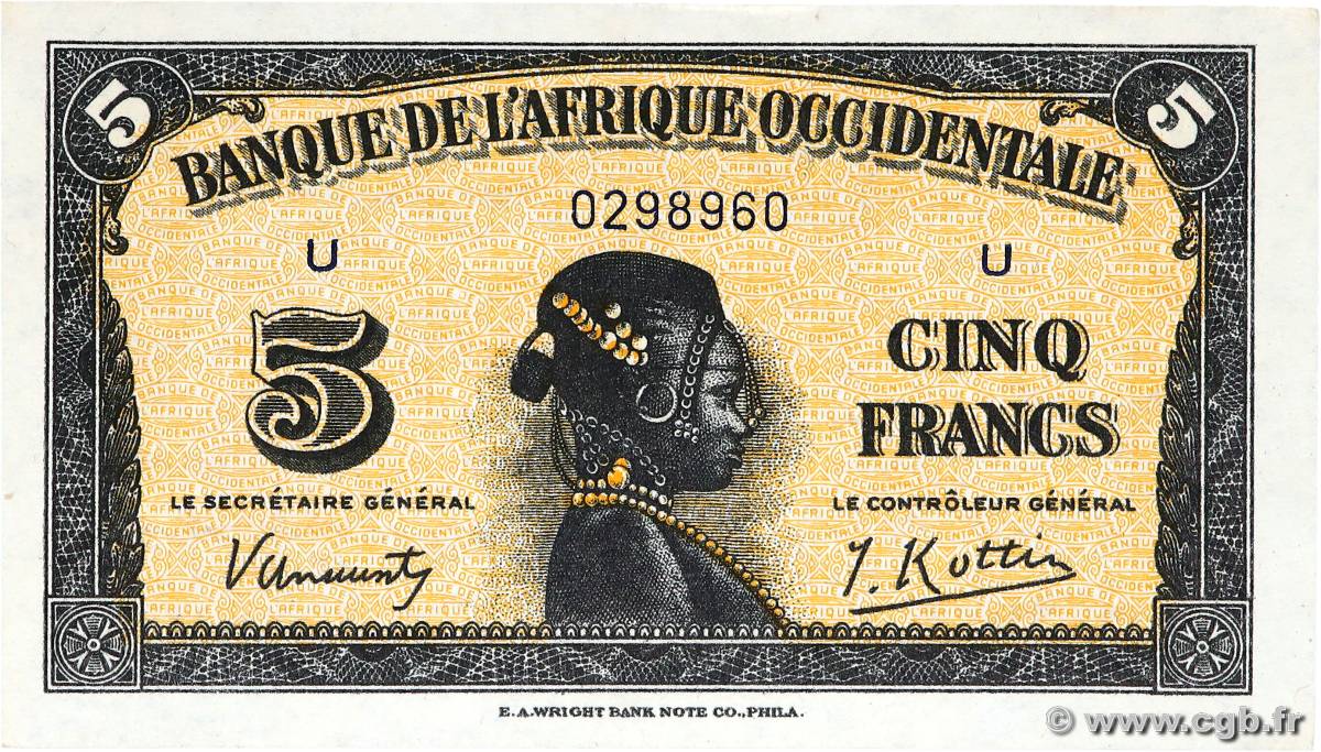 5 Francs  FRENCH WEST AFRICA (1895-1958)  1942 P.28a AU+